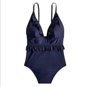 J. Crew Long Torso Ruffle Deep V One Piece Swimsuit Size 0 Navy NWT